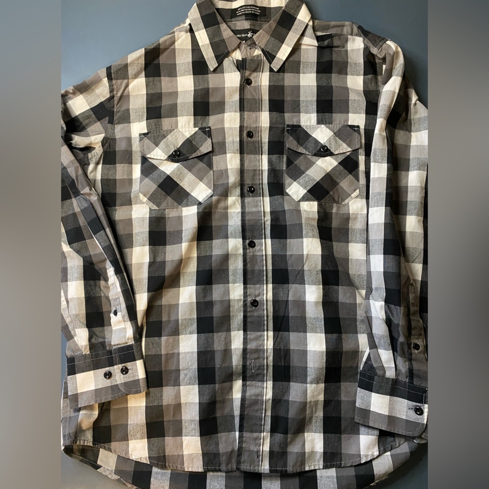Beverly Hills Polo Club‎ Black White Flannel Large Button Down
